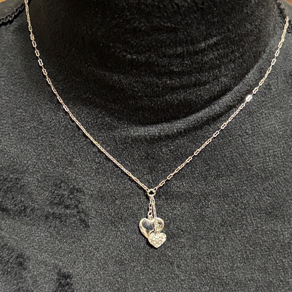 Liz Claiborne silvertone necklace with double heart pendant - mom/rhinestone